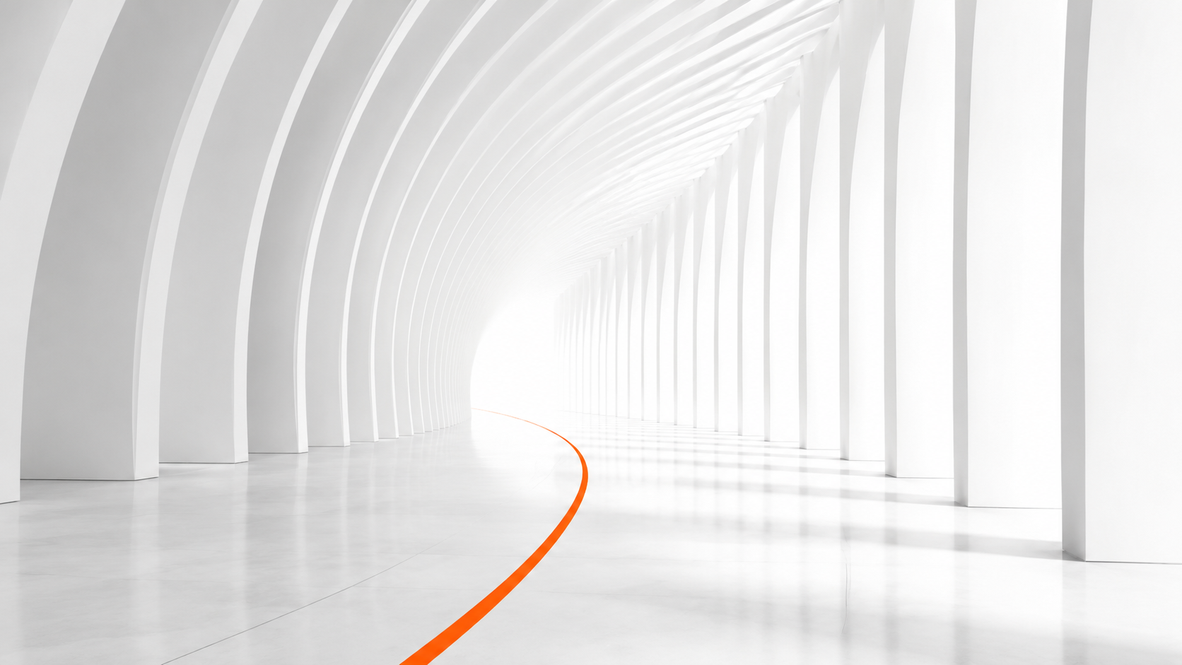 Arquitetura minimalista iluminada com uma linha laranja conduzindo o caminho